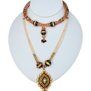 Kundan Polki Beaded Necklace Set Jhumka Gold Tone Red Green Pearl  Wedding